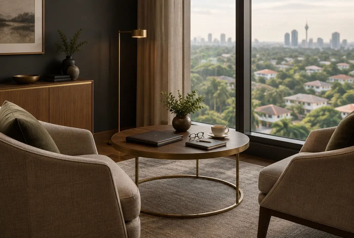 Illustrative image: a quiet two-seat consultation room in a Kuala Lumpur office tower, overlooking green low-rise housing.