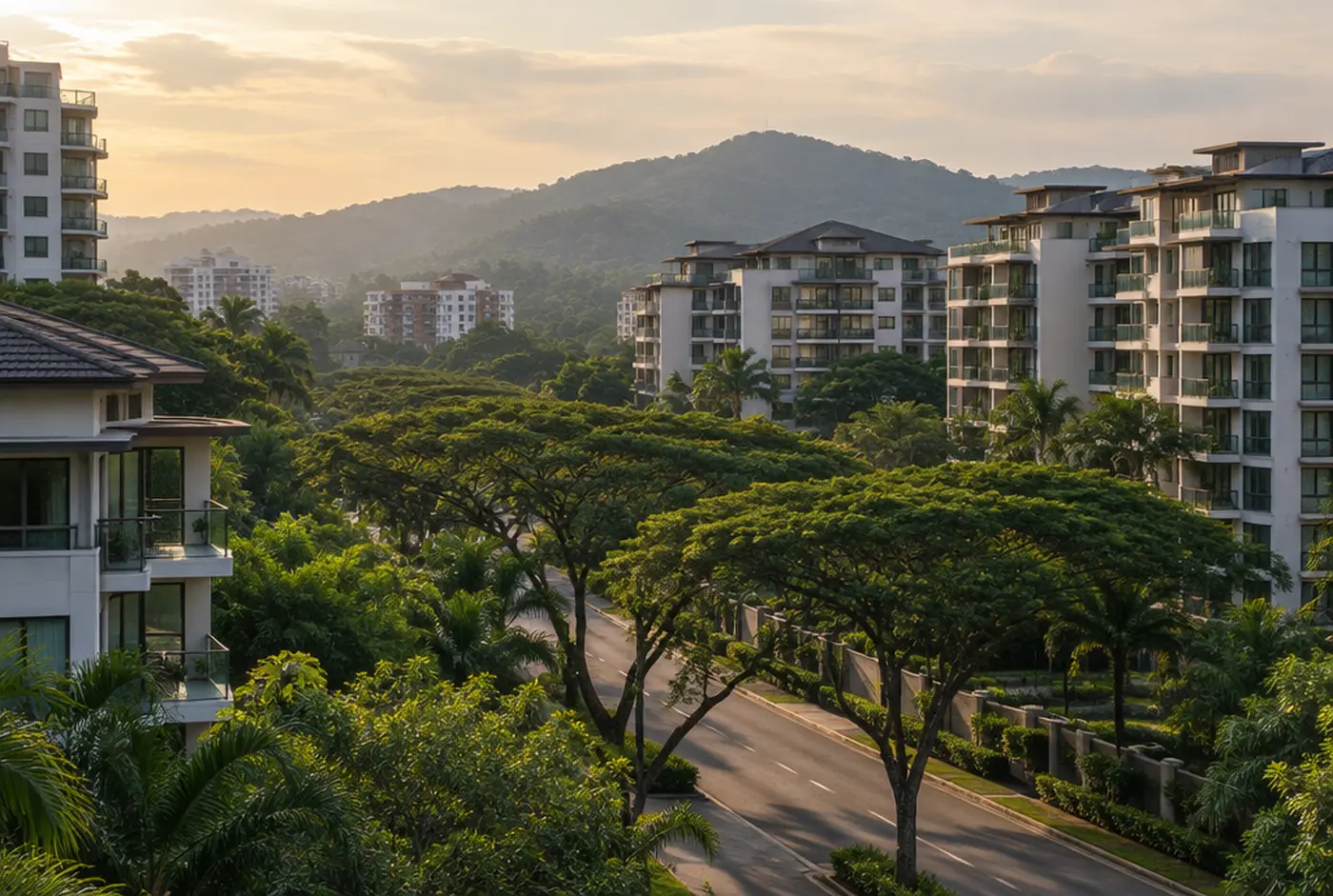 Illustrative image: mid-rise residential towers among rain trees on a quiet tree-lined road in the Mont Kiara area of Kuala Lumpur.